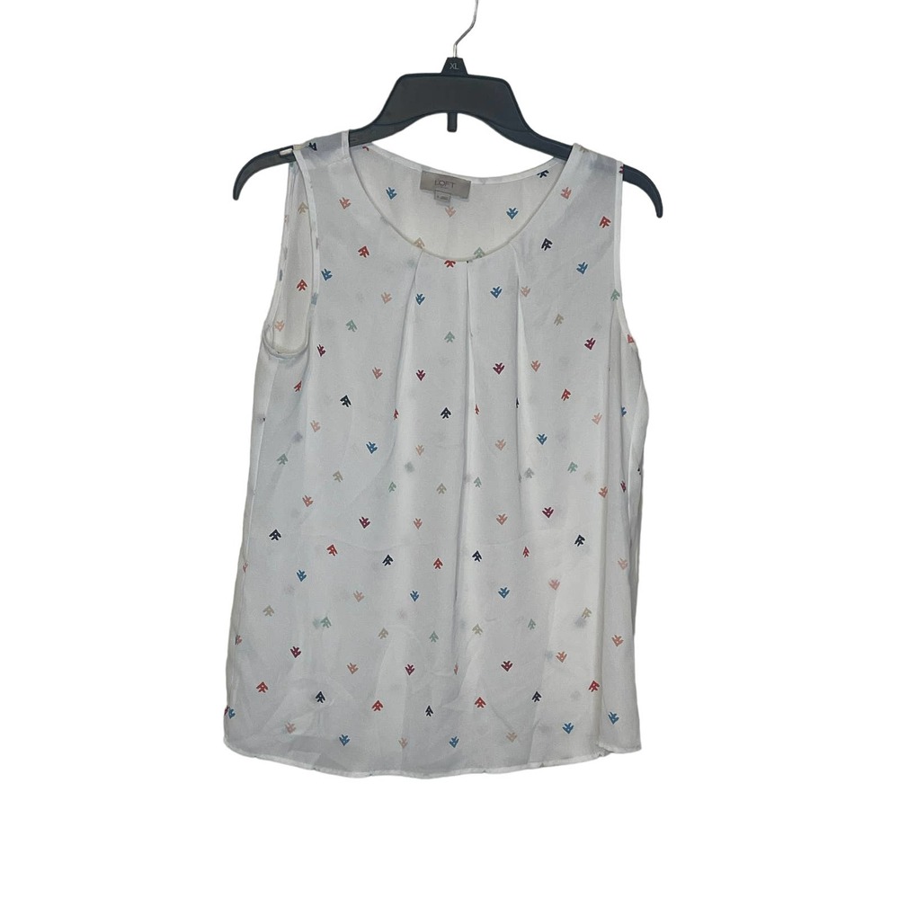 Loft Women Tank Top Pleated All Over Print Lightweight Crewneck Multicolor Small